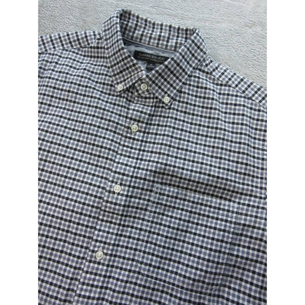 Banana Republic Oxford Shirt Men's Medium Tailored Slim Fit Plaid Black White
